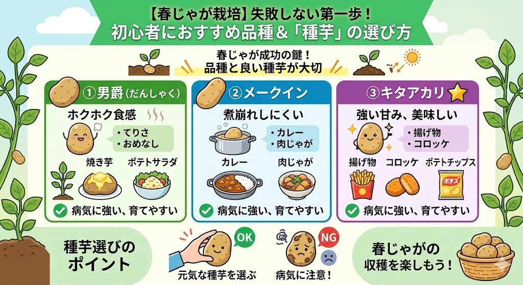 春じゃがのおすすめ3品種(男爵・メークイン・キタアカリ)