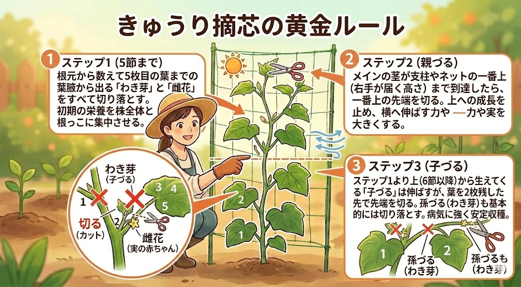 きゅうりの摘芯の手順を解説したイラスト図解