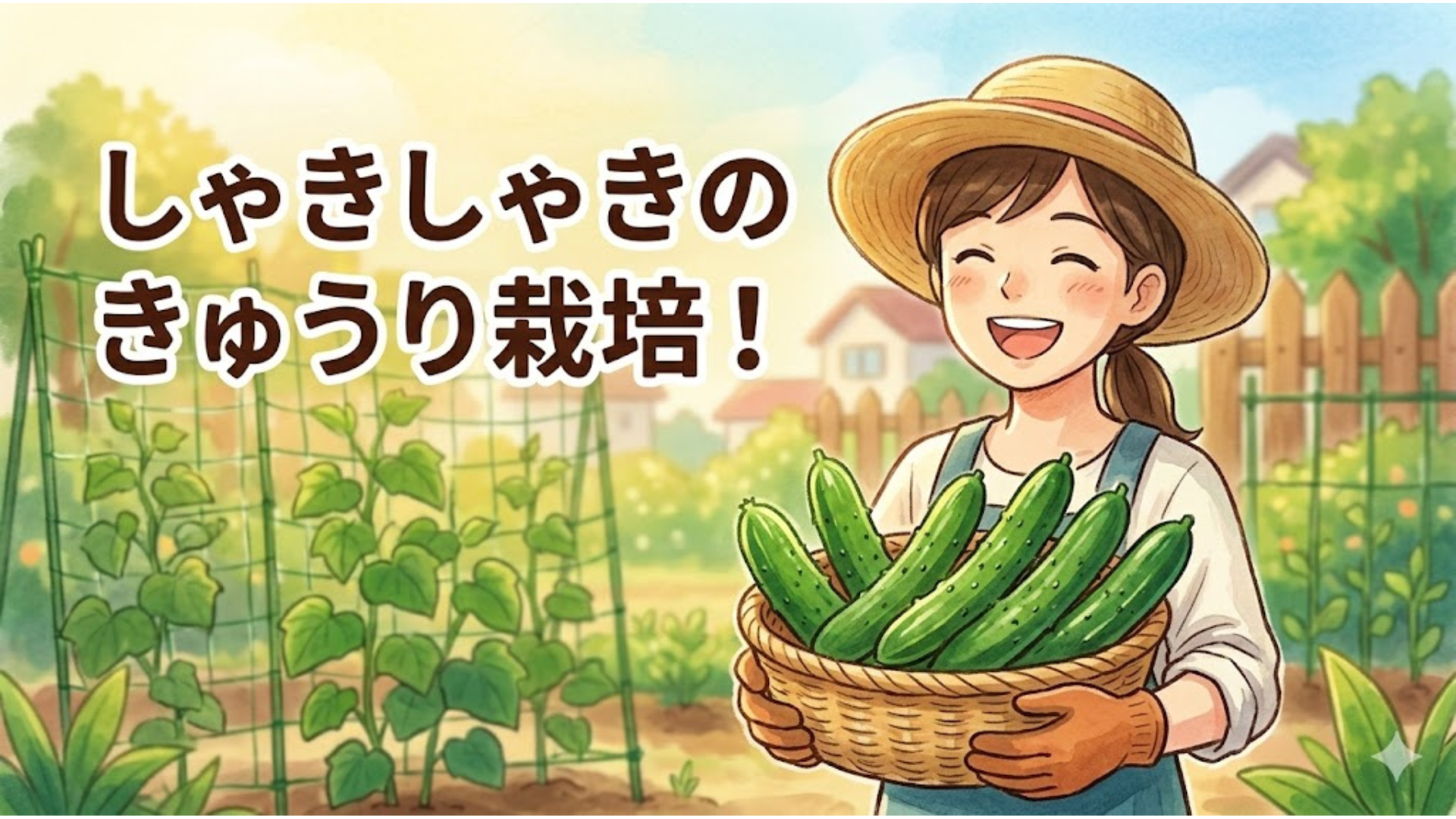 カゴいっぱいのシャキシャキしたきゅうりを持つ、笑顔の女性のイラスト。きゅうり栽培のイメージ。
