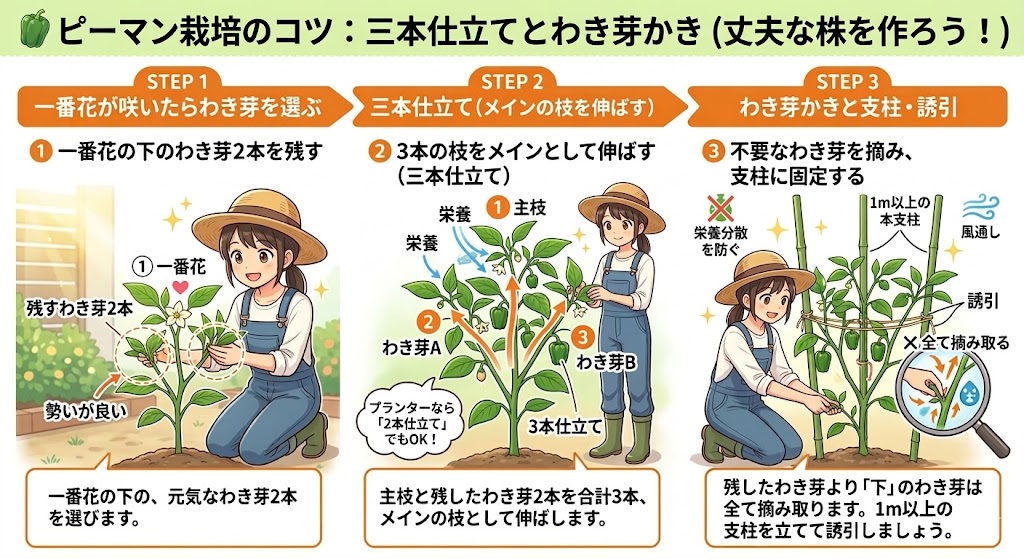 ピーマン栽培のコツ：三本仕立てとわき芽かき