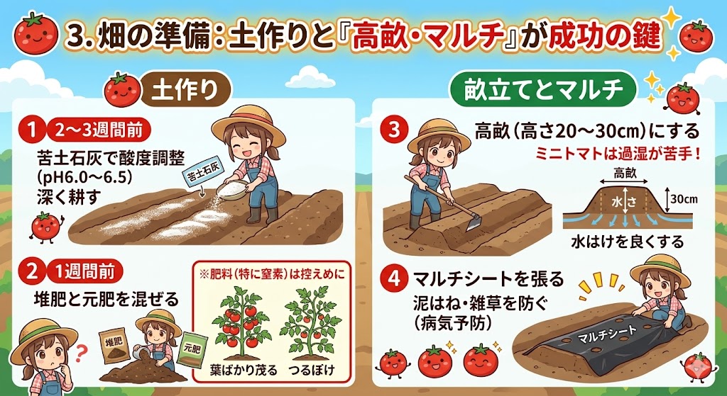 【ポイント】 トマト栽培は「植える前」が勝負!2週間前からの酸度調整と、水はけを良くする「高畝」作りが成功の鍵です。肥料を控えめにすることで、葉ばかり茂る「つるぼけ」を防ぎましょう。