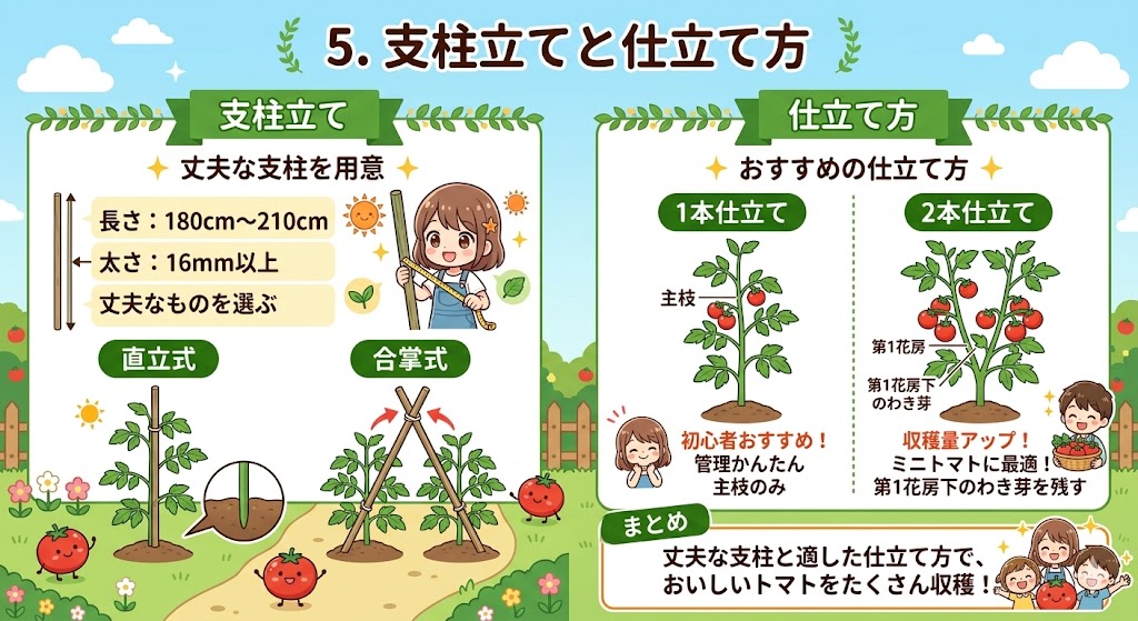 【コツ】 ミニトマトは想像以上に大きく育ちます。最初から2m近い丈夫な支柱を用意しましょう。収穫量を増やしたいなら、元気なわき芽を一本残す「2本仕立て」がおすすめです。