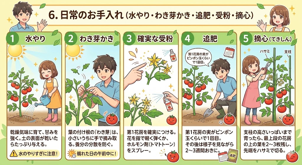 【重要】 美味しい実を作るには、余計な「わき芽」を早めに摘み取ることが大切です。実がピンポン玉サイズになったら追肥を開始し、支柱の高さまで育ったら先端を止める「摘心」で実に栄養を集中させます。