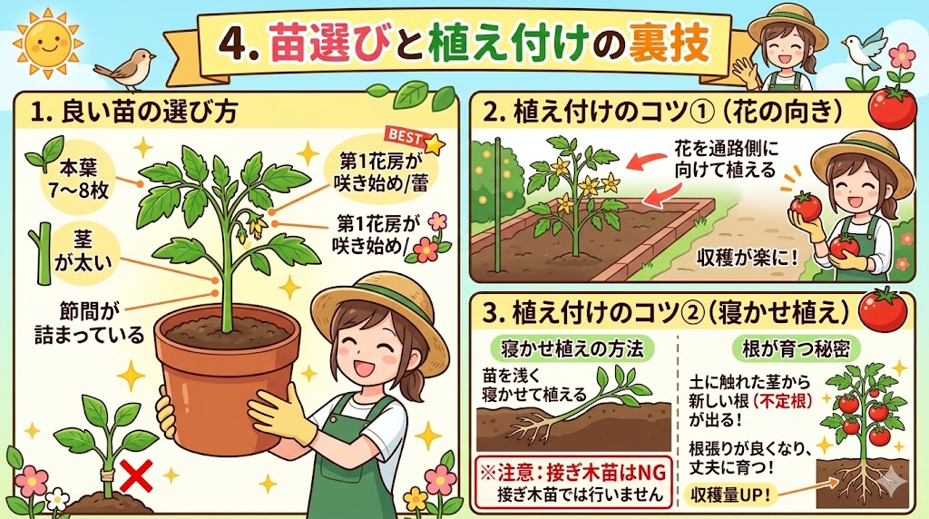 【裏技】 良い苗は「第1花房」がポイント。また、花を通路側に向けて植えるだけで、その後の収穫のしやすさが劇的に変わります。根を爆発的に増やす「寝かせ植え」もぜひ試してみてください。