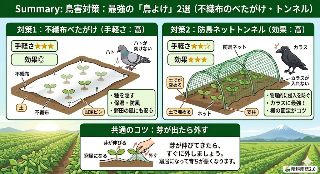 枝豆の種まきの鳥獣対策、不織布と防鳥ネット
