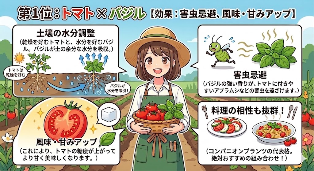 トマトとバジルのコンパニオンプランツ