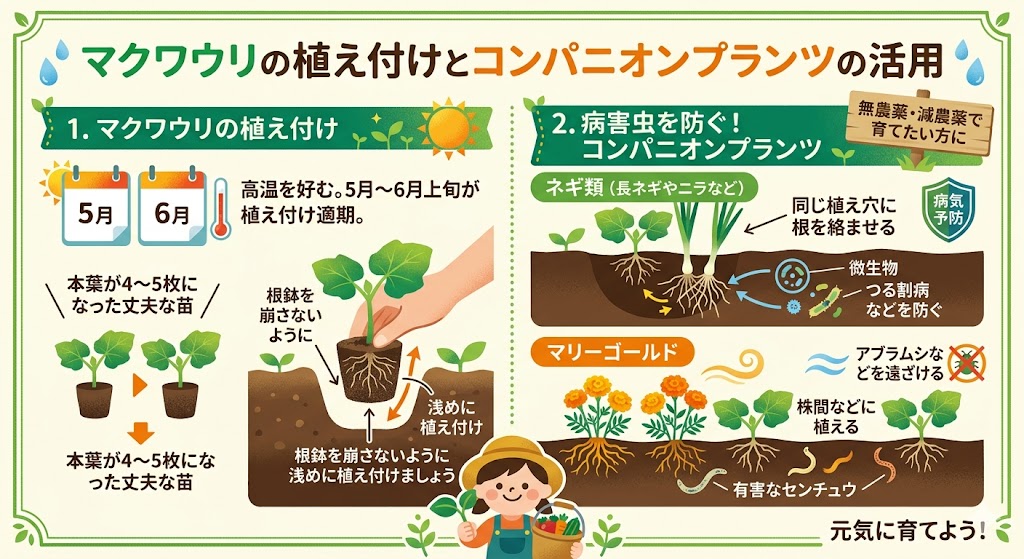 まくわうりの植え付けとコンパニオンプランツの活用