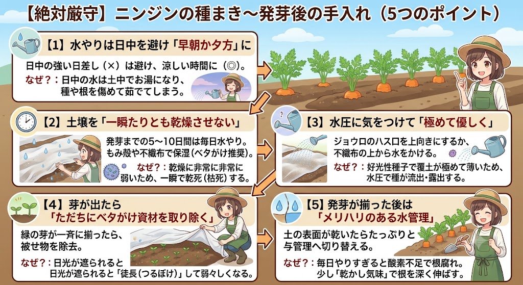 にんじんの種まき、発芽後の手入れ