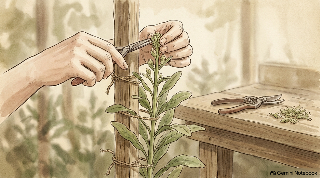 ストック：支柱立てと花がら摘み・摘芯